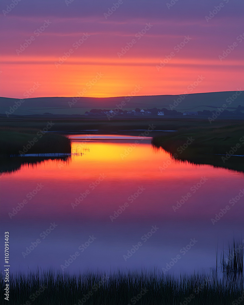 Vibrant sunrise reflected in calm lake water, painting the sky with fiery oranges and purples. Vibrant sunrise reflected in calm lake water, painting the sky with fiery oranges and purples.