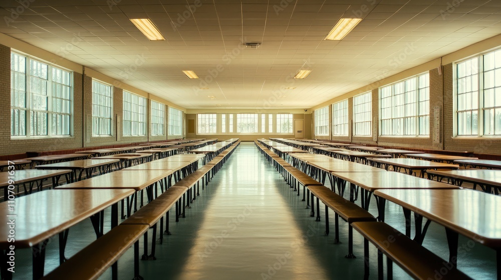 Obraz premium Spacious and Bright School Cafeteria with Long Tables, Large Windows, and Simple Design, Ideal for Educational Settings and Community Gatherings