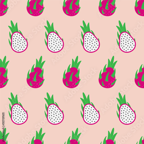 Dragon fruit Pitahaya vector seamless pattern. Healthy summer tropical food, vegans. Cactus exotic fruits with leaves background for restaurant, menu, cafe, wallpaper, fabric, wrapping
