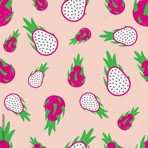 Dragon fruit Pitahaya vector seamless pattern. Whole and half cutting slice of tropical food, vegans. Cactus exotic fruits background for restaurant, menu, cafe, wallpaper, fabric, wrapping