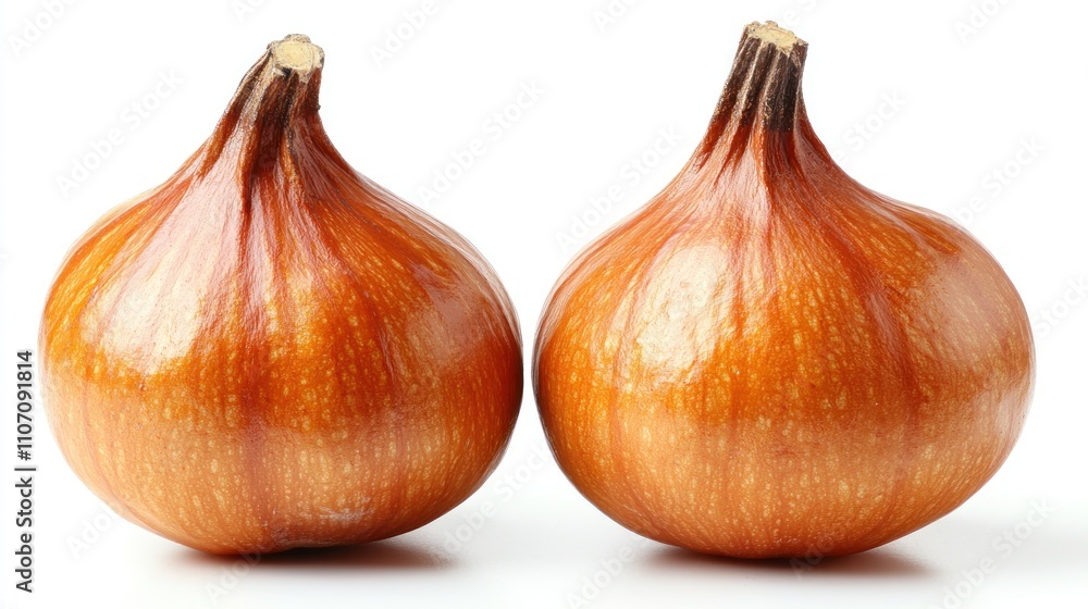 Fototapeta premium Two small, whole, fresh, light brown onions, in front of a white background.