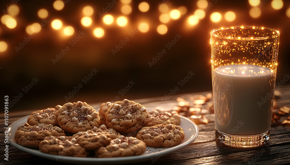 Warm, inviting scene of cookies and milk on rustic wood, bokeh background. Warm, inviting scene of cookies and milk on rustic wood, bokeh background.