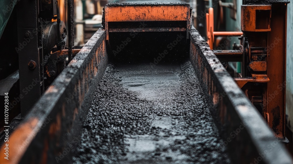 Industrial Conveyor Belt Transporting Asphalt in Construction Site with Textured Surface and Rich Orange Accents Highlighting Machinery Operations Industrial Conveyor Belt Transporting Asphalt in Construction Site with Textured Surface and Rich Orange Accents Highlighting Machinery Operations