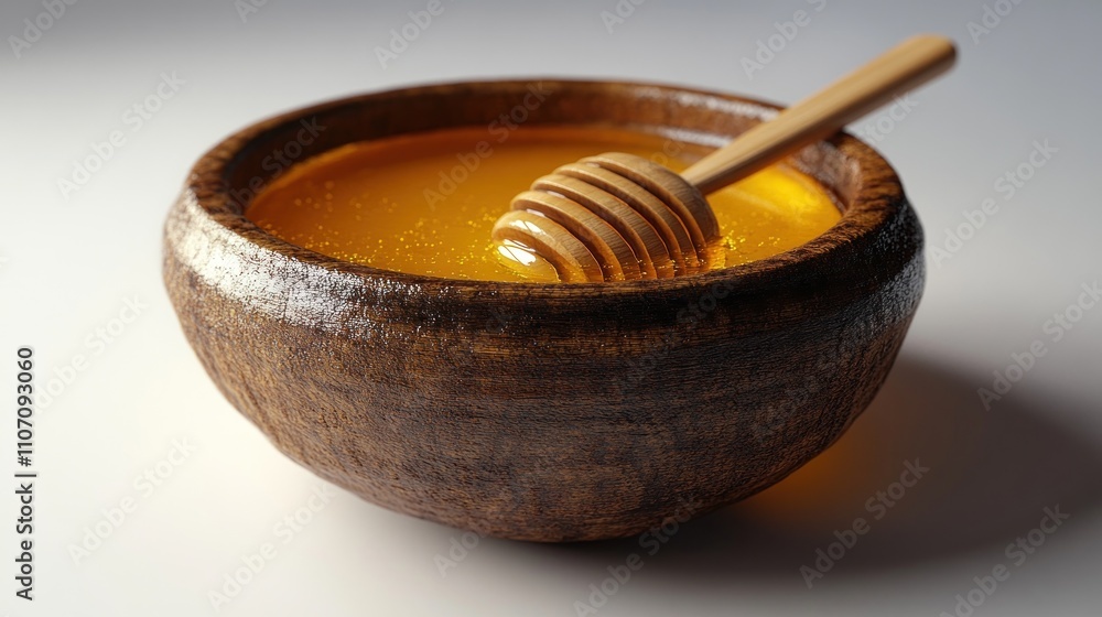Wooden bowl filled with golden honey and a honey dipper. Wooden bowl filled with golden honey and a honey dipper.
