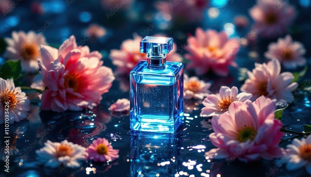 Blue Perfume Bottle with Flowers: A captivating image of a blue glass perfume bottle surrounded by delicate pink flowers, reflecting a shimmering blue hue. Blue Perfume Bottle with Flowers: A captivating image of a blue glass perfume bottle surrounded by delicate pink flowers, reflecting a shimmering blue hue.