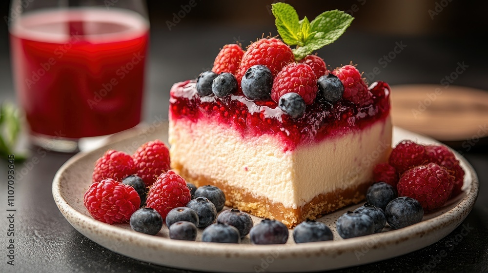 A slice of cheesecake with strawberries and blueberries. A slice of cheesecake with strawberries and blueberries.