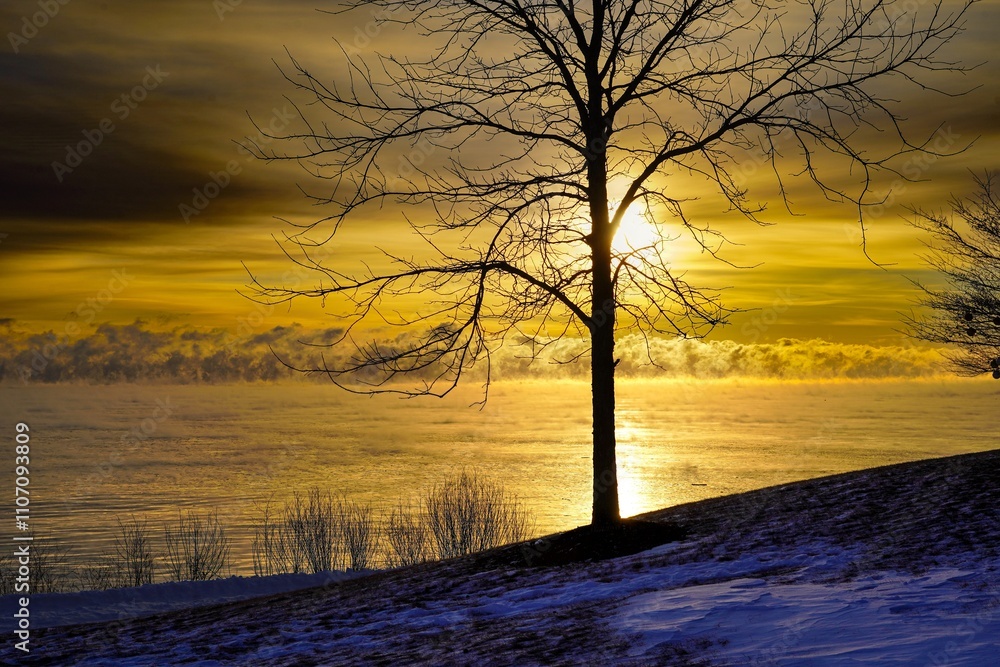 Naklejka premium Lake Michigan Steaming at Cold Winter Dawn