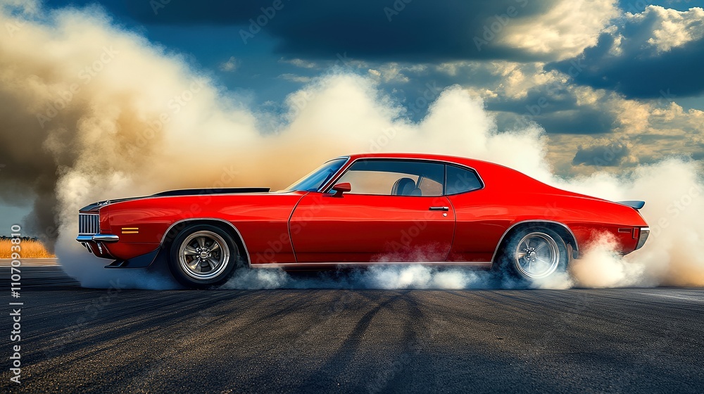 Obraz premium Red car emits smoke on road trip