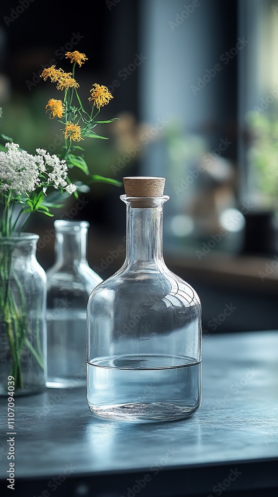 A clear glass bottle with water, surrounded by smaller glass containers and flowers, showcasing simplicity. A clear glass bottle with water, surrounded by smaller glass containers and flowers, showcasing simplicity.