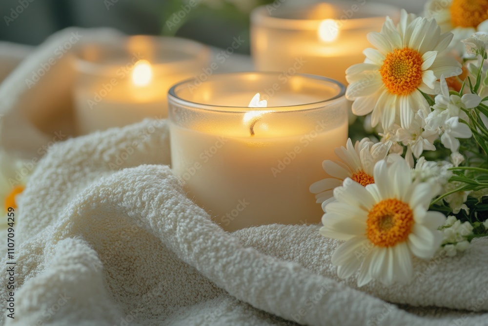 Close-up of aromatherapy candles and flowers in a relaxing setting. Close-up of aromatherapy candles and flowers in a relaxing setting.