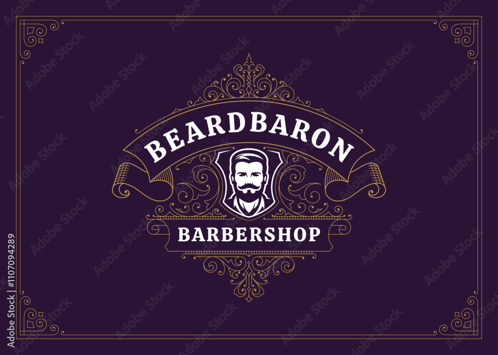 Obraz premium Luxury flourishes golden scroll ribbon man portrait logo barbershop design template vector illustration. Elegant premium antique Victorian swirl calligraphic emblem for barber shop gentleman grooming