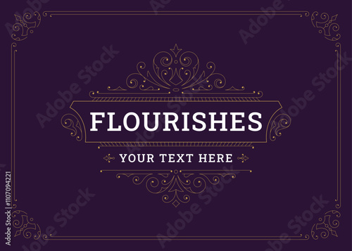 Classical flourishes elegant fancy swirl ornament vintage greeting card design template vector illustration. Luxury calligraphic floral motif Victorian filigree golden decorative wedding invitation