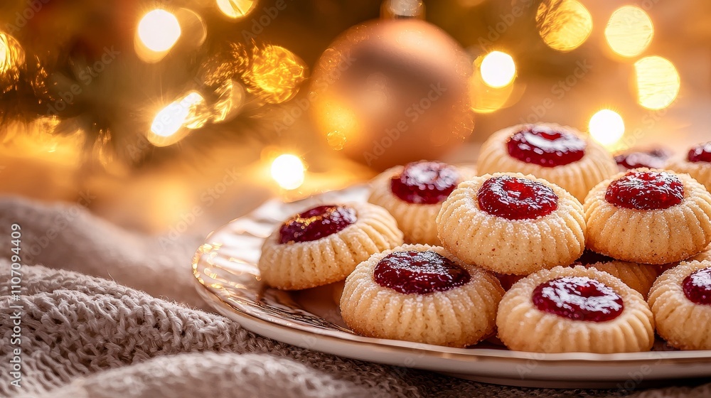 Close-up of thumbprint cookies with vibrant red and green jam filling, arranged on a festive plate, perfect for holiday celebrations, soft lighting, and cozy atmosphere