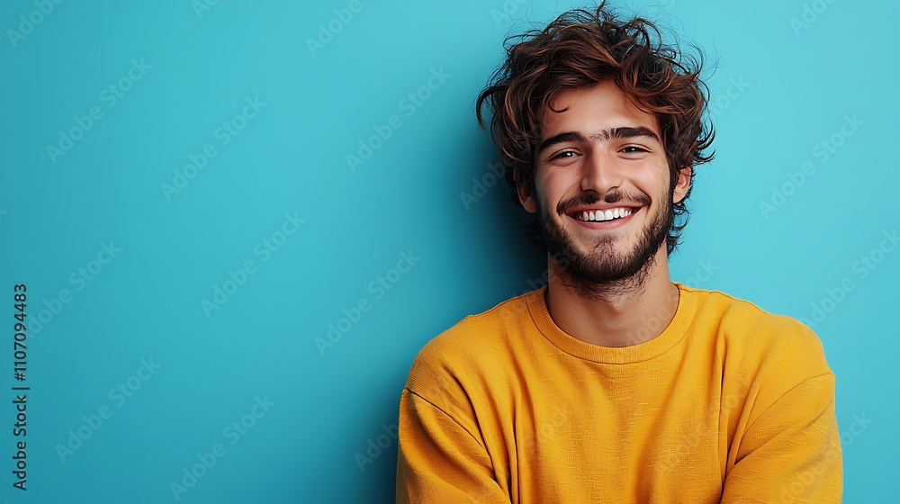Portrait of a young Turkish man, smiling warmly, dressed in casual modern clothes, isolated on a light blue background with space for text 