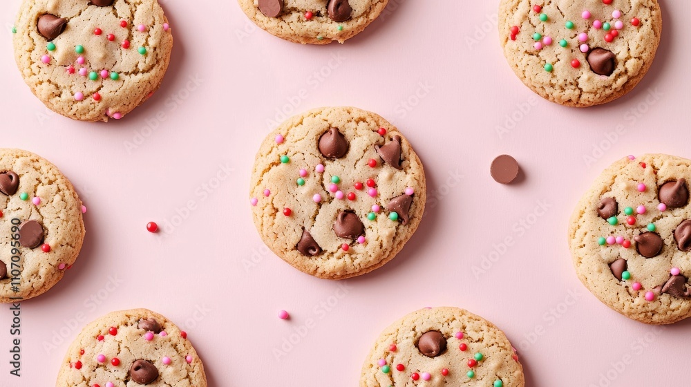 Colorful chocolate chip cookies topped with red, green, and pink sprinkles, festive mood, delicious texture, creative treat idea for holidays Colorful chocolate chip cookies topped with red, green, and pink sprinkles, festive mood, delicious texture, creative treat idea for holidays
