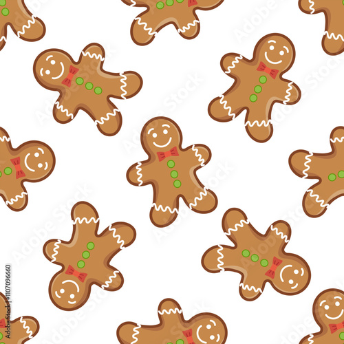 Gingerbread man seamless pattern with bow tie and icing decorations illustration