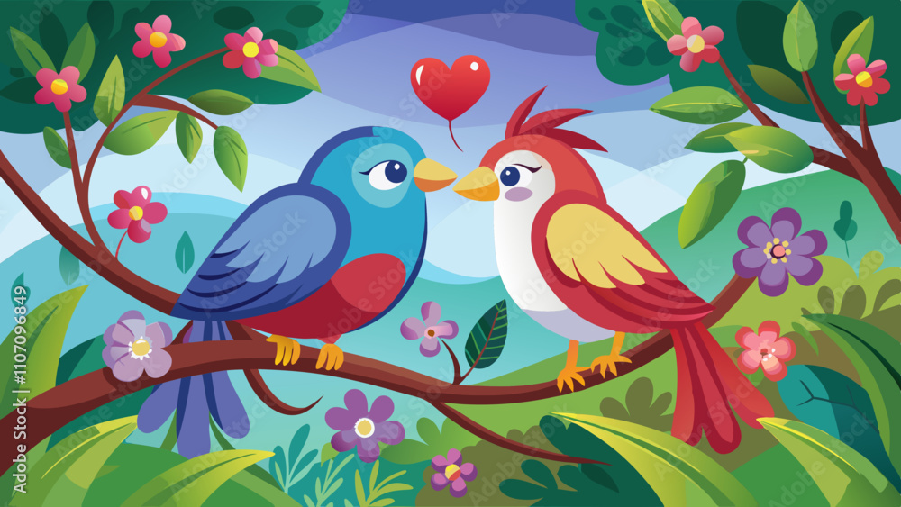 Birds share a tender moment on a branch surrounded by colorful flowers in a lush landscape Birds share a tender moment on a branch surrounded by colorful flowers in a lush landscape