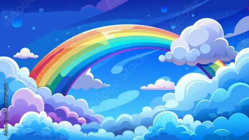 Vibrant rainbow arching over beautiful fluffy clouds in a clear blue sky landscape