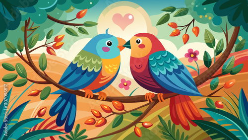 Colorful birds sharing a tender moment on a branch in a vibrant landscape during the day