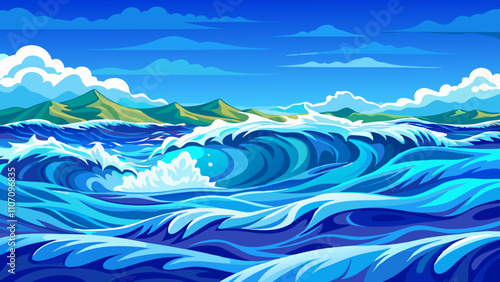 Vibrant blue ocean waves crash against a distant shoreline under a bright blue sky with soft clouds