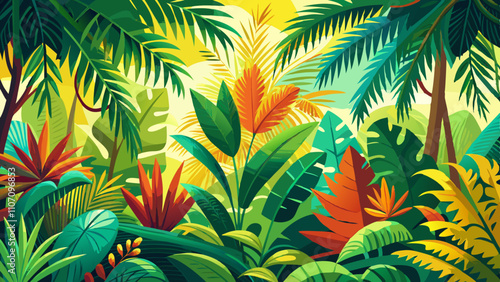 Vibrant tropical jungle landscape filled with lush plants and bright foliage in a natural setting