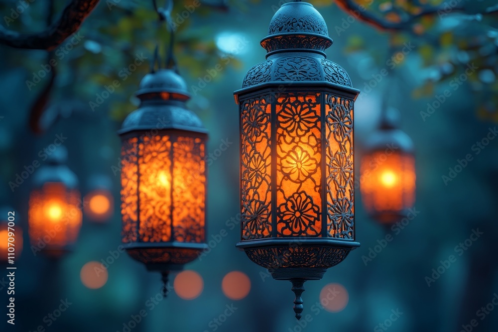 Illuminating Nights: Intricate Metal Lanterns Hanging in the Garden Illuminating Nights: Intricate Metal Lanterns Hanging in the Garden