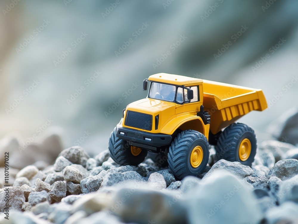 Yellow Toy Dump Truck on Rocky Terrain: A Miniature Construction Adventure Yellow Toy Dump Truck on Rocky Terrain: A Miniature Construction Adventure