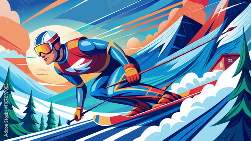 Extreme downhill skiing in a vibrant freeride landscape with mountains and dynamic snow trails