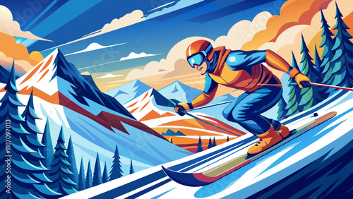 Extreme downhill skiing poster featuring a freerider conquering mountainous terrain with vibrant landscapes and clear skies