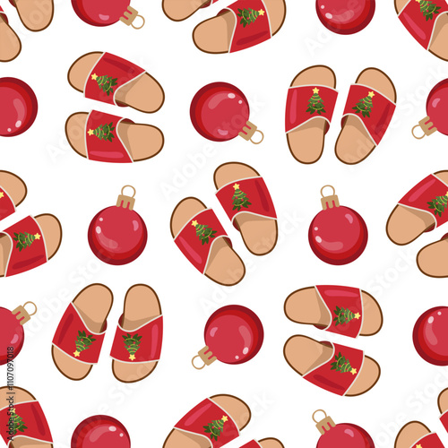 Christmas slippers seamless pattern with red ornaments and festive design