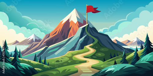 Majestic mountain with a flag atop a scenic peak and a winding trail through lush landscape