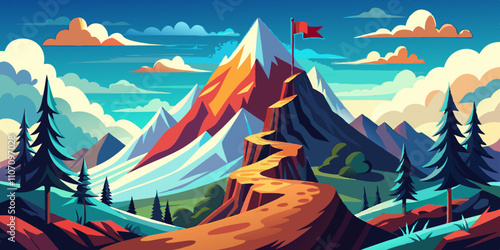 Flag atop majestic mountain with winding trail showcasing picturesque landscape under bright sky