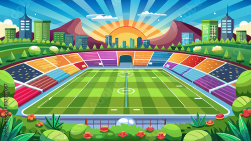 Vibrant grass football soccer field surrounded by colorful stands in a city landscape during sunset