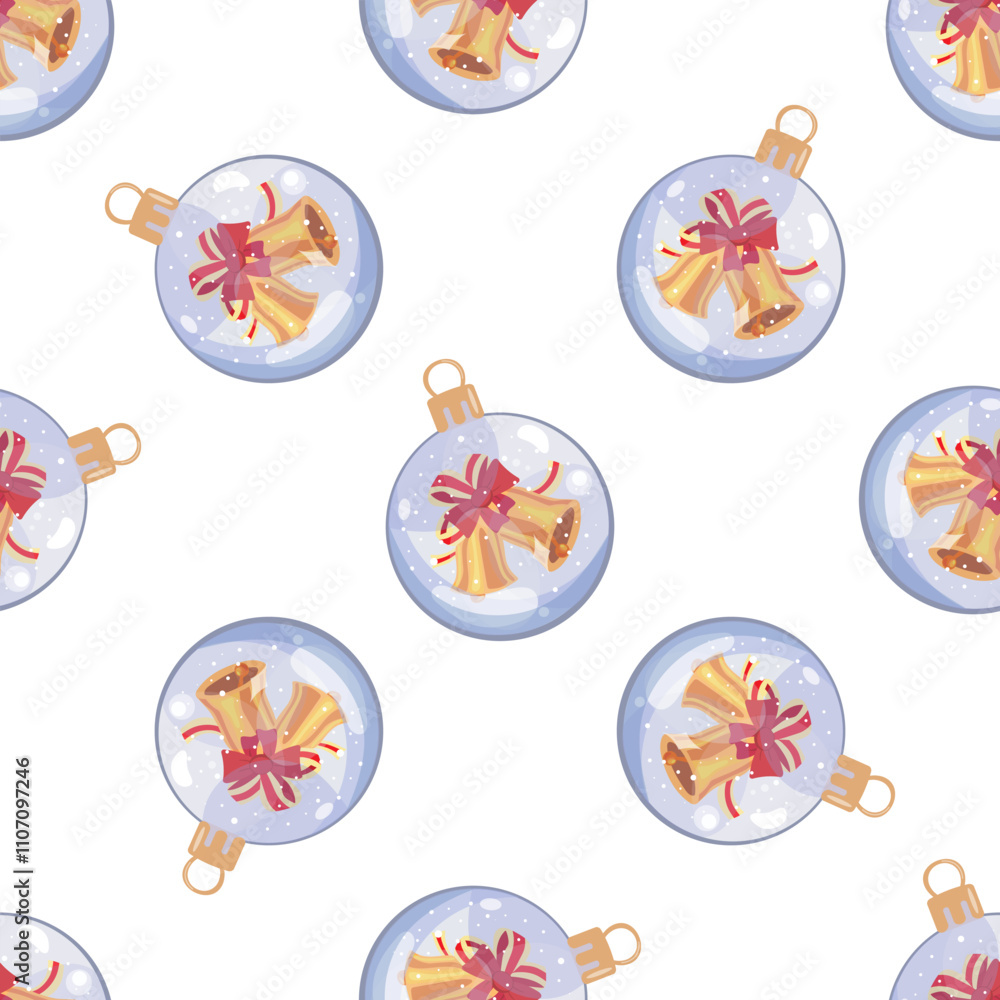 Christmas glass ornament seamless pattern with golden bells and festive bow illustration Christmas glass ornament seamless pattern with golden bells and festive bow illustration