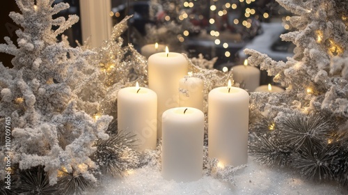 Elegant white candles surrounded by glittering snow and pine branches on a holiday display photo