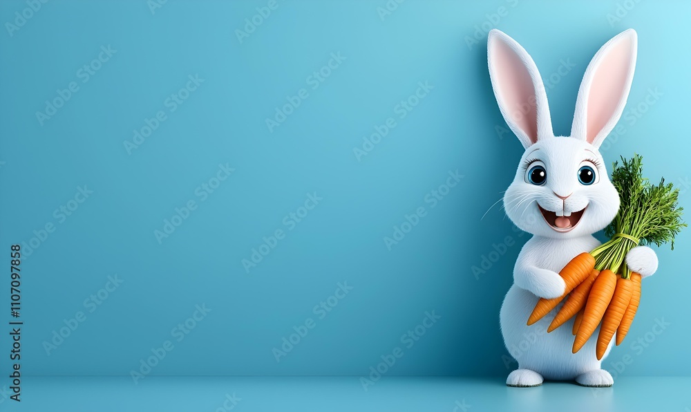 Obraz premium Cartoon Rabbit with Carrots, a cheerful rabbit character joyfully clutching a vibrant bunch of fresh carrots in a playful setting.