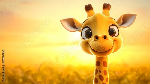 Cartoon Giraffe in a Vibrant Meadow, a whimsical giraffe stands tall amidst lush greenery, playful colors enhancing the cheerful atmosphere.