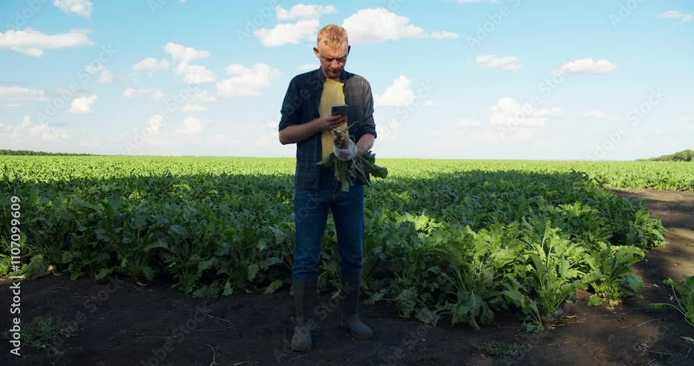 Farmer on sugar beet field check quality with AI app. Agronomist examines the harvest in smart farm Farmer on sugar beet field check quality with AI app. Agronomist examines the harvest in smart farm