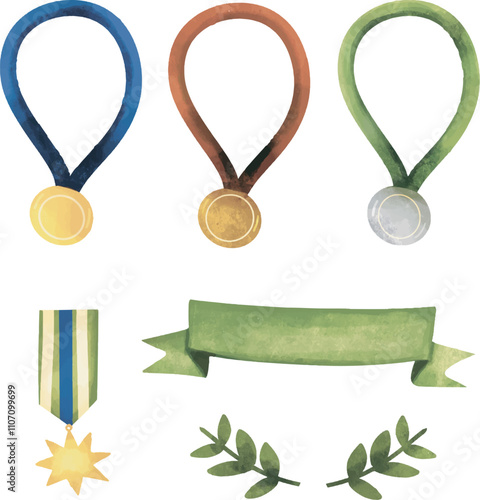 Watercolor Illustration Thropy Set, Champion podium with trophy and medal isolated on white background, achievement trophy, gold medal, bronze medal, silver medal, winner trophy, medal photo