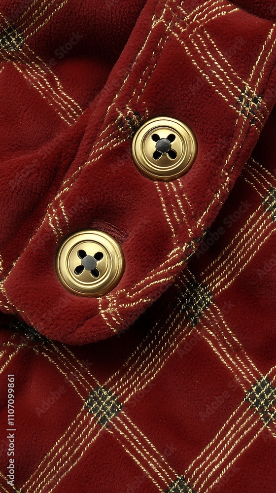 Close-up of a burgundy corduroy fabric with gold buttons and a plaid pattern. Close-up of a burgundy corduroy fabric with gold buttons and a plaid pattern.
