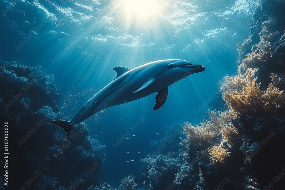 Fototapeta premium Majestic Dolphin Underwater: Coral Reef Encounter