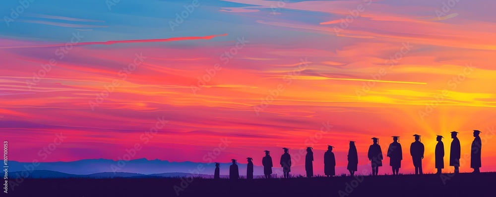 Graduates Silhouetted Against A Vibrant Sunset Sky Graduates Silhouetted Against A Vibrant Sunset Sky