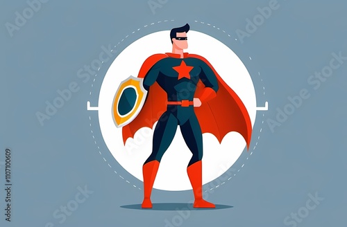 Security safety, protection or shielding insurance, privacy protect, defense from cyber attack, safeguard, guarantee or threats control concept, businessman superhero holding strong protection shield.