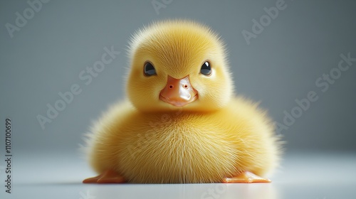 Adorable fluffy yellow duckling looking up, isolated on a white background.