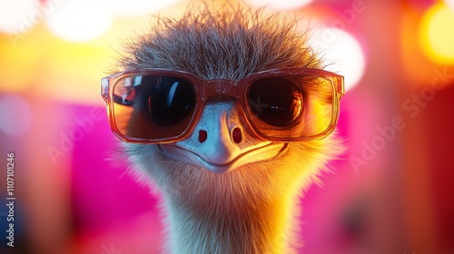 Funny ostrich wearing sunglasses, neon background. photo