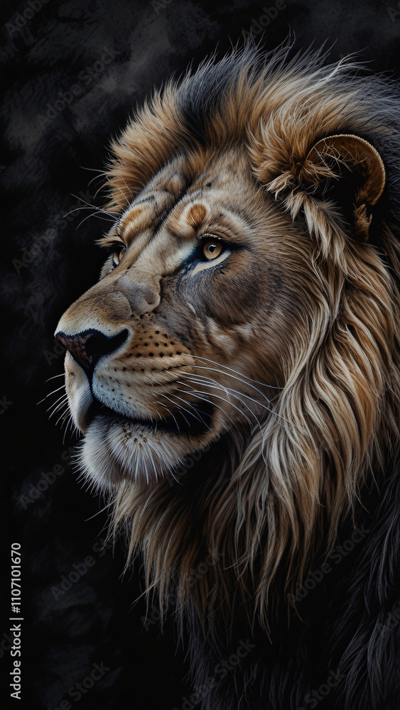 Fototapeta premium Fierce and Majestic Lion with Thick, Flowing Mane in Close Up Photography