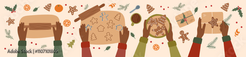 Christmas banner. Sustainable Christmas concept. Hands making gingerbreads. Top view. Workshop concept.