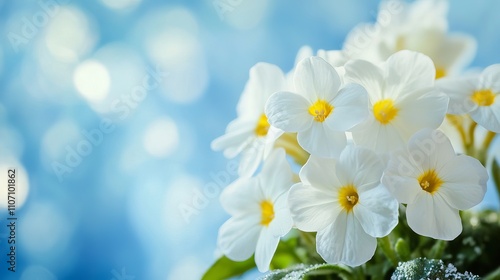 Macro white primroses in spring forest with soft blurred sky-blue background romantic and gentle floral nature scene featuring free space for text