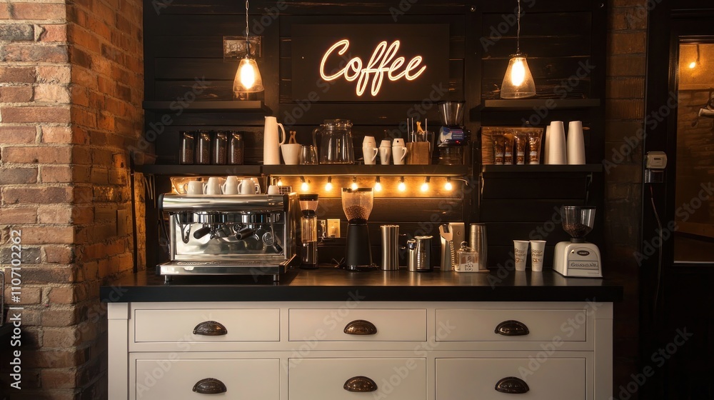 Coffee bar with espresso machine, shelves, and neon sign in a rustic setting. Coffee bar with espresso machine, shelves, and neon sign in a rustic setting.