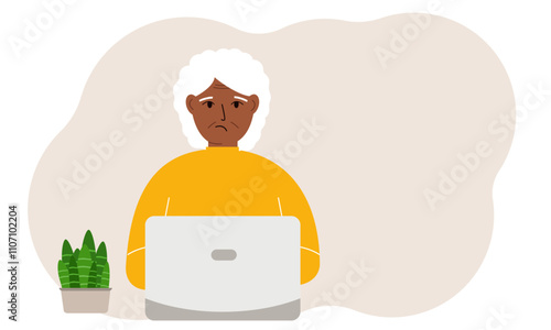 A woman is working or studying at a laptop. Freelancing or distance learning and work concept. Vector flat illustration.
